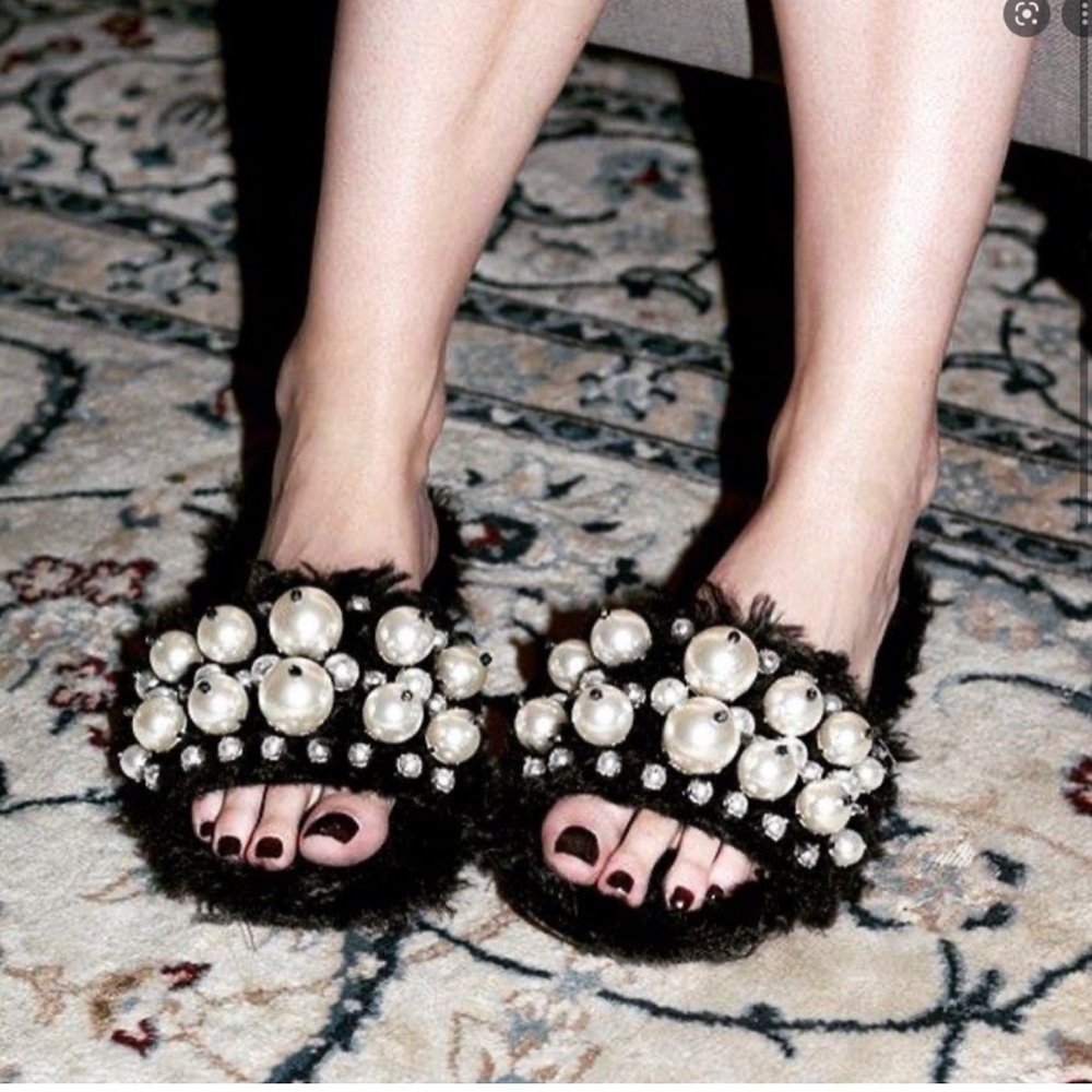 Miu Miu Black Furry Pearl Slides